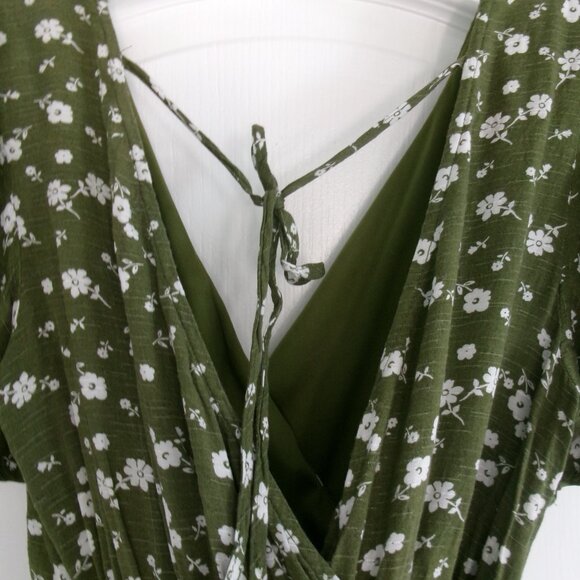 MIAMI Olive Army Green & White Floral Fit and Flare Romper S Surplice Tie Belt - Picture 7 of 12